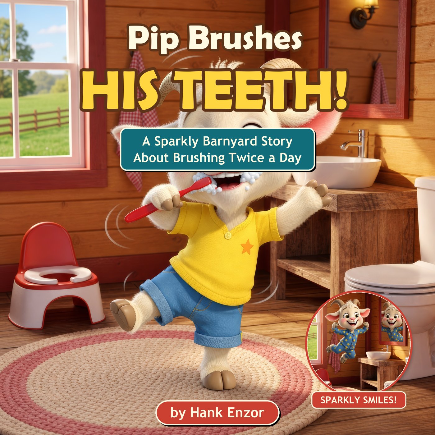 Pip Brushes His Teeth cover — Pip the goat happily brushing with a little red toothbrush