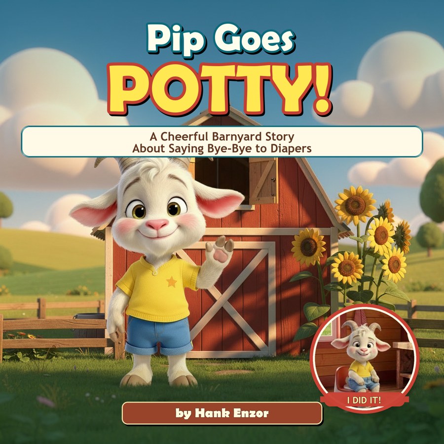 Pip Goes Potty! cover — Pip the goat waving in front of a red barn with sunflowers