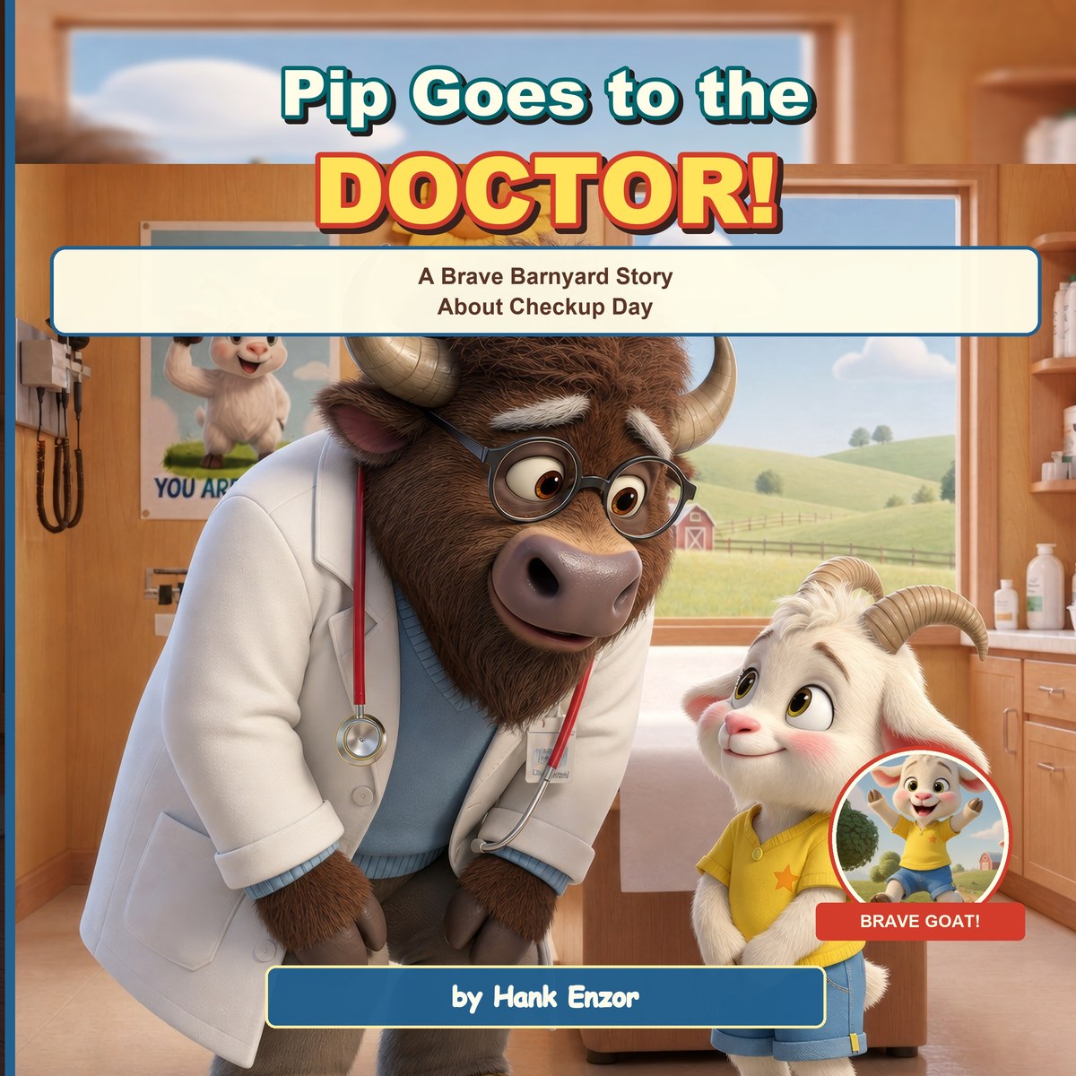 Pip Goes to the Doctor cover — Dr. Bramble the bison in a white coat leaning down to greet Pip in the exam room