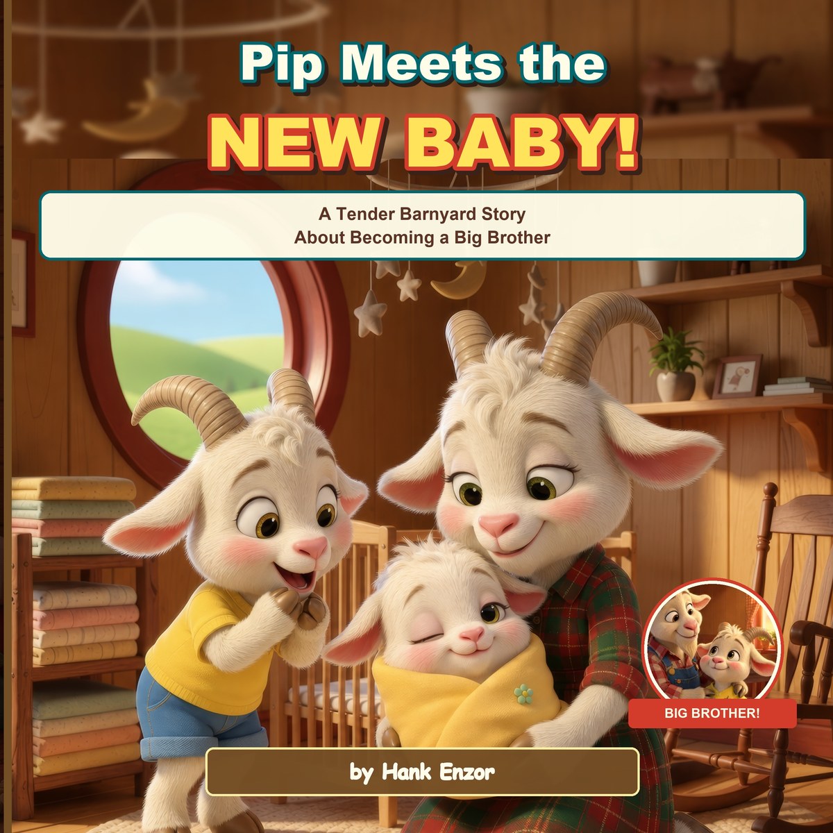 Pip Meets the New Baby cover — Pip meets baby Poppy, wrapped in a yellow blanket in Mama's arms, in the nursery