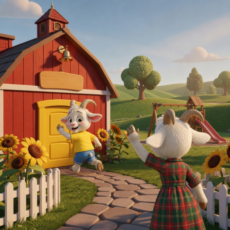 Pip Says Goodbye cover — Pip dashing through the bright yellow door of the Little Sprouts barn school while Mama waves goodbye