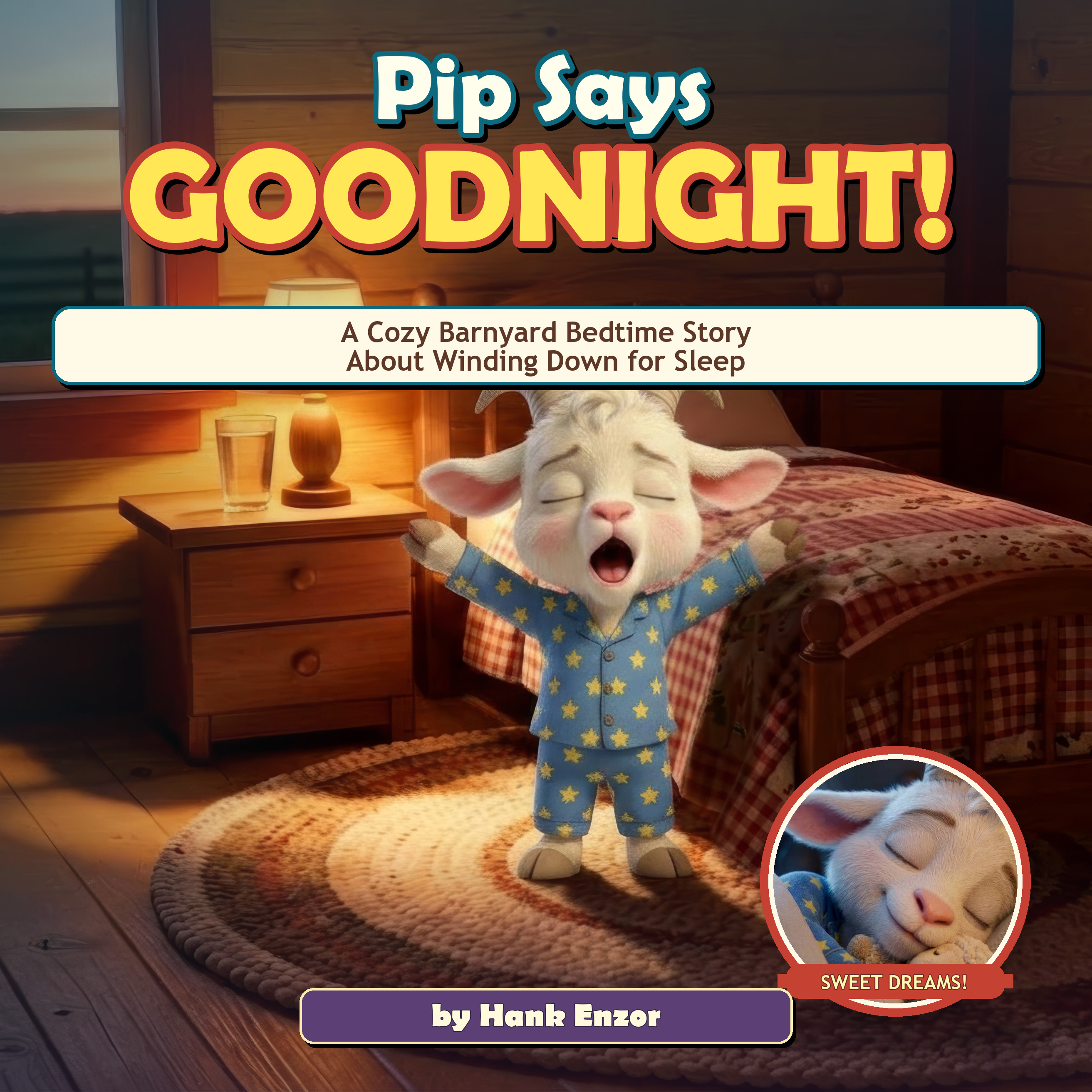 Pip Says Goodnight cover — Pip the goat cozy at bedtime under a moonlit barn