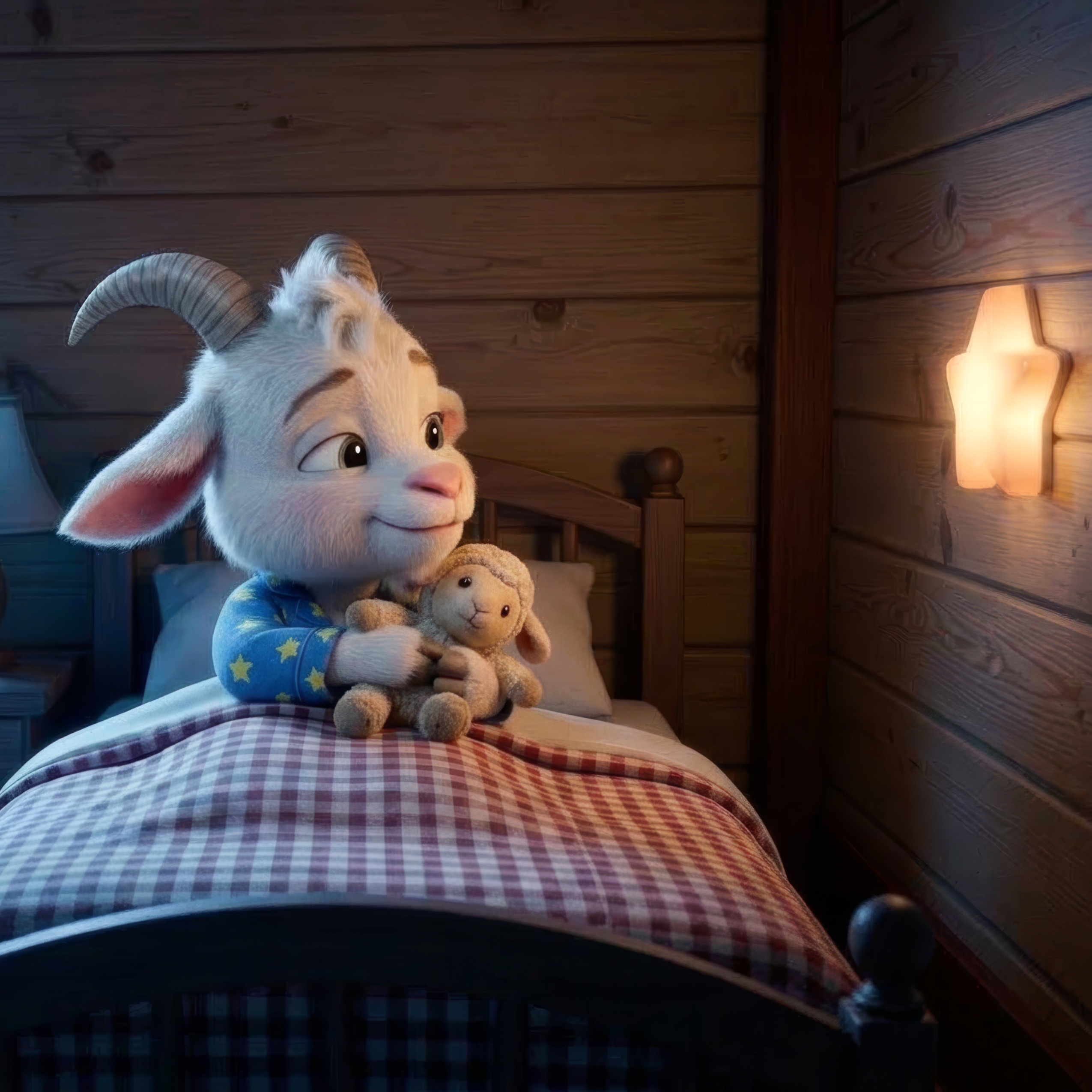 Pip tucked in with a warm star-shaped nightlight glow