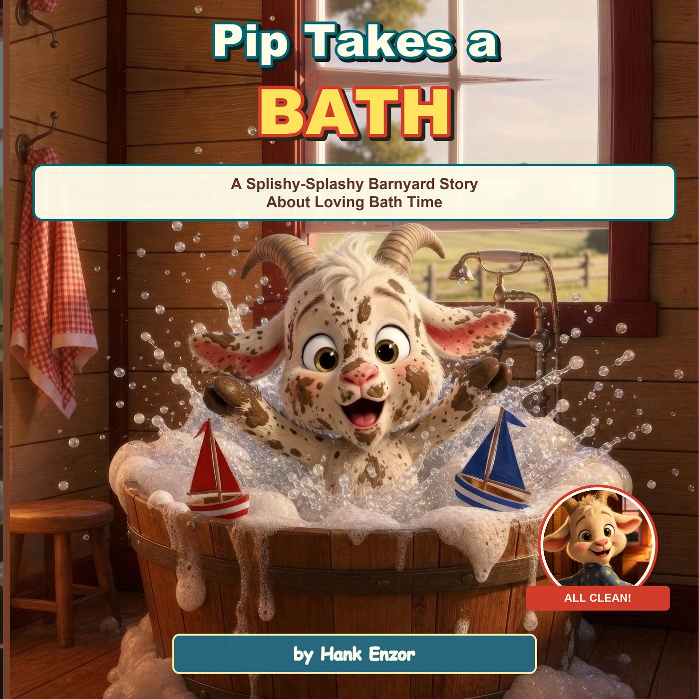 Pip Takes a Bath cover — Pip the goat splashing in a wooden tub full of bubbles with toy sailboats