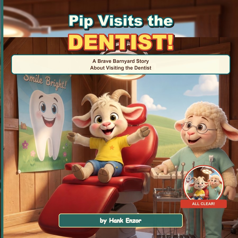 Pip Visits the Dentist cover — Pip the goat in a red dental chair with Dr. Fern the sheep dentist